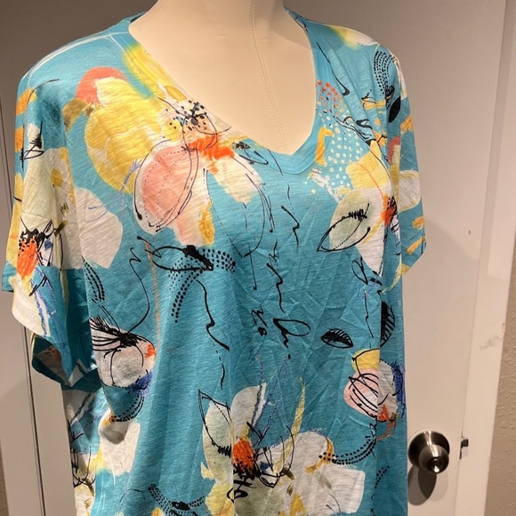 large blouse cap sleeve spring floral teal pattern nwt jess and Jane top - Picture 8 of 12